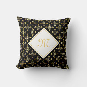 Luxury Monogram Black and Gold Quatre Floral Throw Pillow