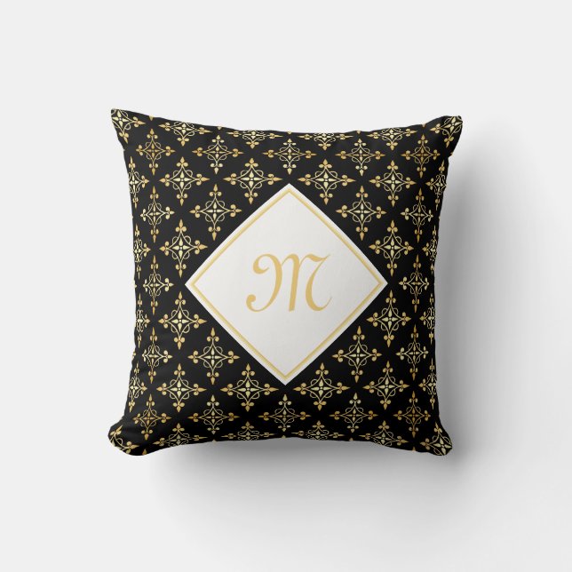 Luxury Monogram Black and Gold Quatre Floral Throw Pillow (Front)
