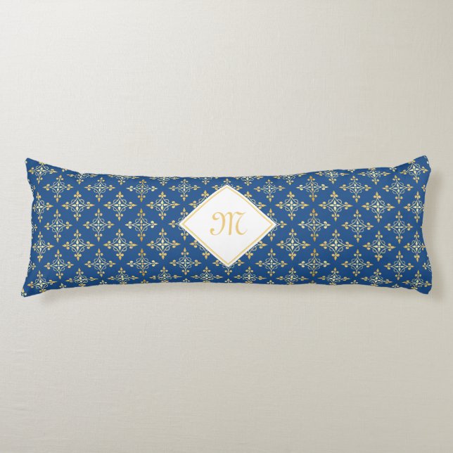 Luxury Monogram Blue and Gold Quatre Floral Body Pillow (Front)