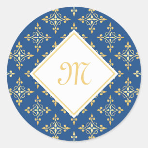 Luxury Monogram Blue and Gold Quatre Floral Classic Round Sticker