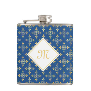 Luxury Monogram Blue and Gold Quatre Floral Hip Flask