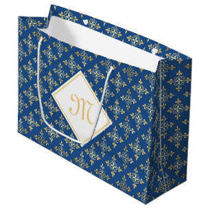 Luxury Monogram Blue and Gold Quatre Floral Large Gift Bag