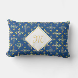 Luxury Monogram Blue and Gold Quatre Floral Lumbar Pillow