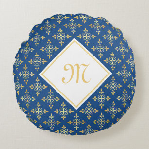 Luxury Monogram Blue and Gold Quatre Floral Round Pillow