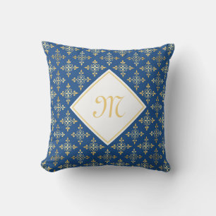 Luxury Monogram Blue and Gold Quatre Floral Throw Pillow