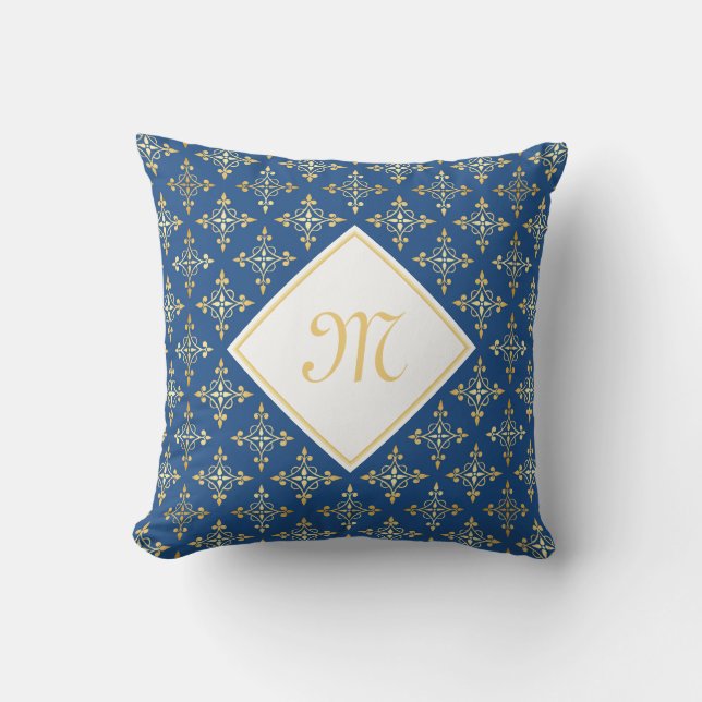 Luxury Monogram Blue and Gold Quatre Floral Throw Pillow (Front)