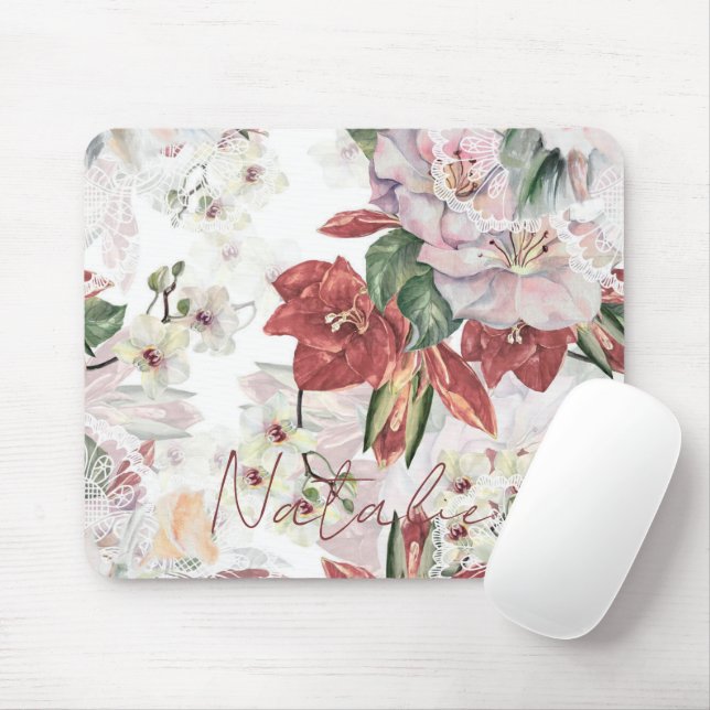 Luxury monogram burgundy floral illustration lace  mouse pad (With Mouse)
