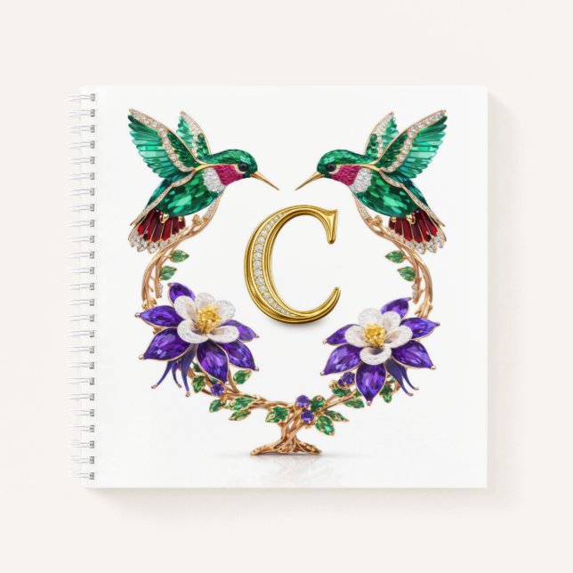 Luxury Monogram C Hummingbird Jeweled Wedding Notebook (Front)