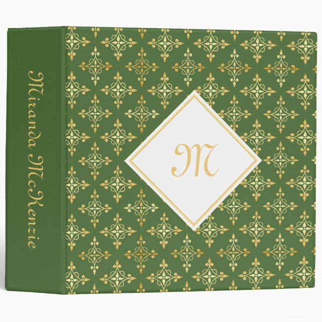 Luxury Monogram Green and Gold Quatre Floral Binder (Front/Spine)