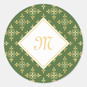 Luxury Monogram Green and Gold Quatre Floral Classic Round Sticker