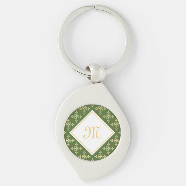 Luxury Monogram Green and Gold Quatre Floral Keychain (Front)