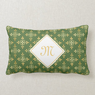 Luxury Monogram Green and Gold Quatre Floral Lumbar Pillow