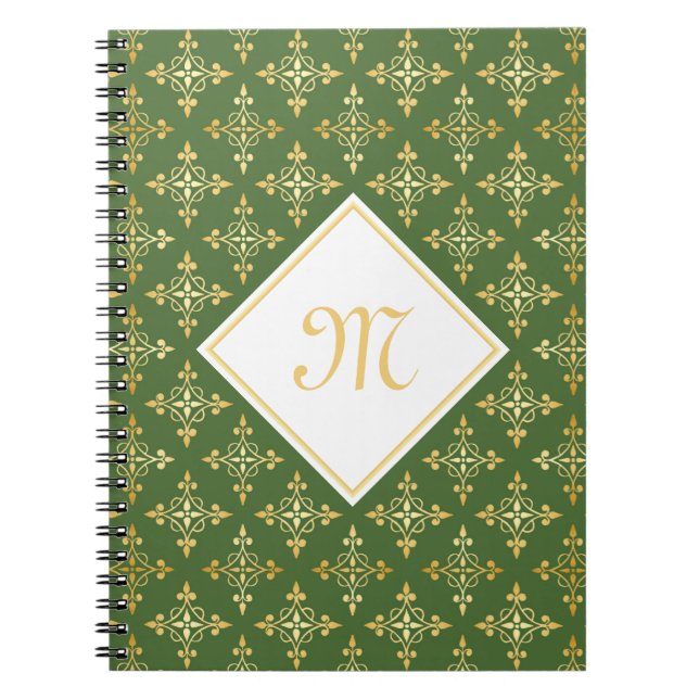 Luxury Monogram Green and Gold Quatre Floral Notebook (Front)