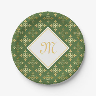 Luxury Monogram Green and Gold Quatre Floral Paper Plate