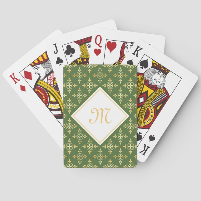 Luxury Monogram Green and Gold Quatre Floral Playing Cards (Back)