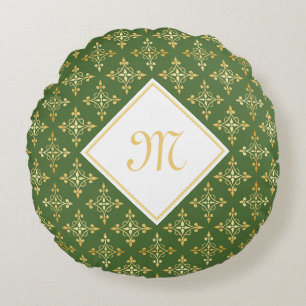 Luxury Monogram Green and Gold Quatre Floral Round Pillow