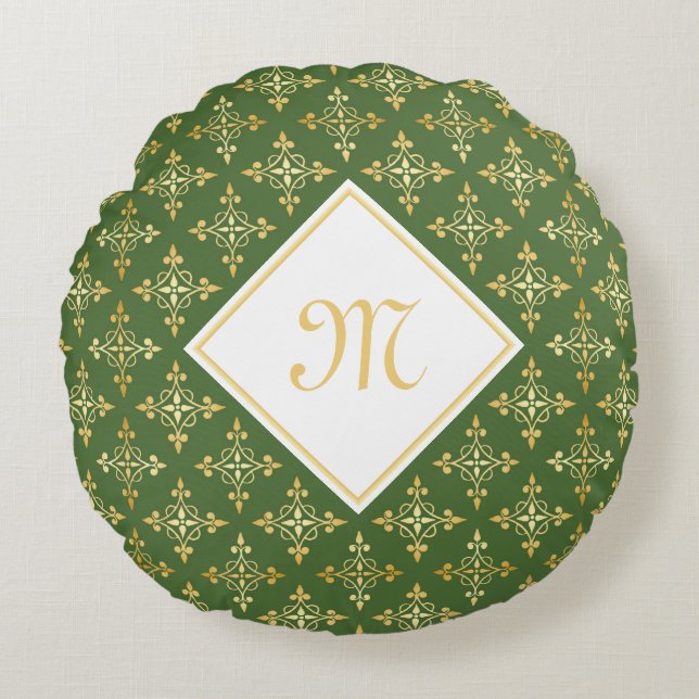 Luxury Monogram Green and Gold Quatre Floral Round Pillow (Front)