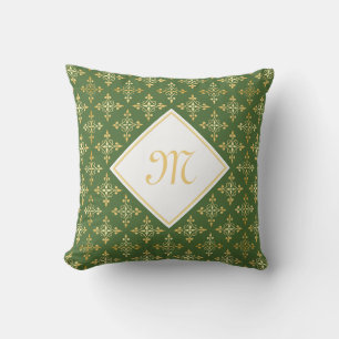 Luxury Monogram Green and Gold Quatre Floral Throw Pillow