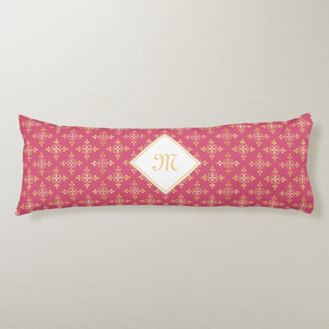 Luxury Monogram Pink and Gold Quatre Floral Body Pillow (Front)