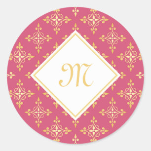 Luxury Monogram Pink and Gold Quatre Floral Classic Round Sticker