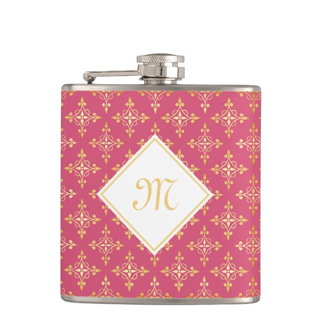 Luxury Monogram Pink and Gold Quatre Floral Hip Flask (Front)