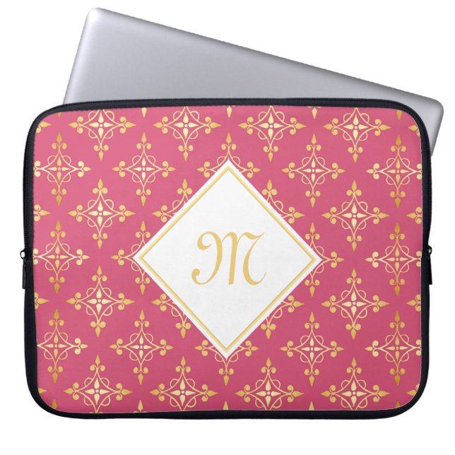 Luxury Monogram Pink and Gold Quatre Floral Laptop Sleeve (Front)