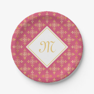 Luxury Monogram Pink and Gold Quatre Floral Paper Plate