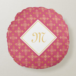 Luxury Monogram Pink and Gold Quatre Floral Round Pillow