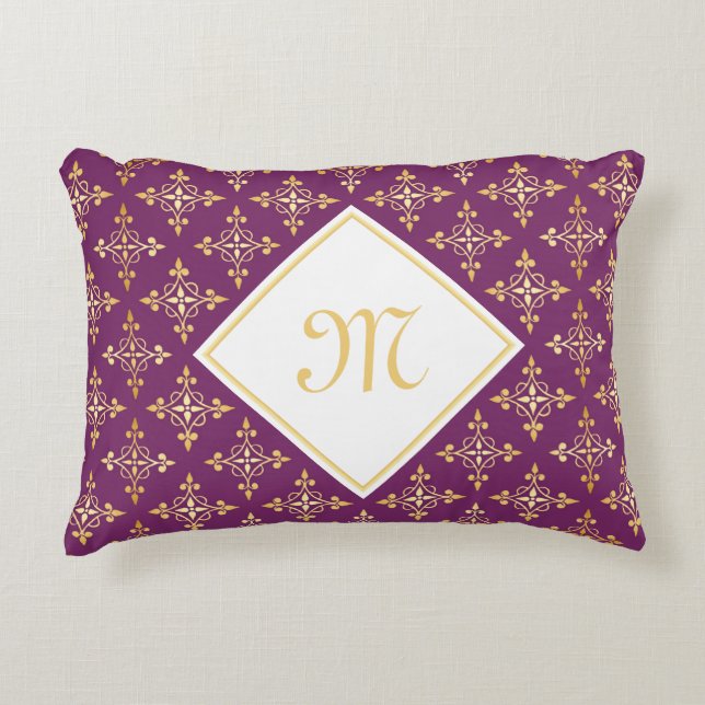 Luxury Monogram Purple and Gold Quatre Floral Accent Pillow (Front)