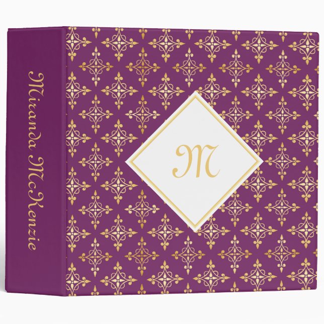 Luxury Monogram Purple and Gold Quatre Floral Binder (Front/Spine)