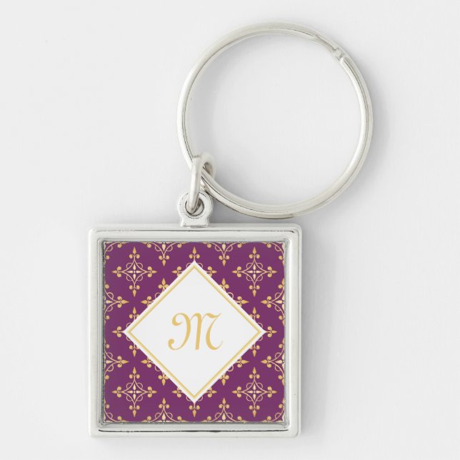 Luxury Monogram Purple and Gold Quatre Floral Keychain (Front)