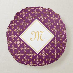 Luxury Monogram Purple and Gold Quatre Floral Round Pillow