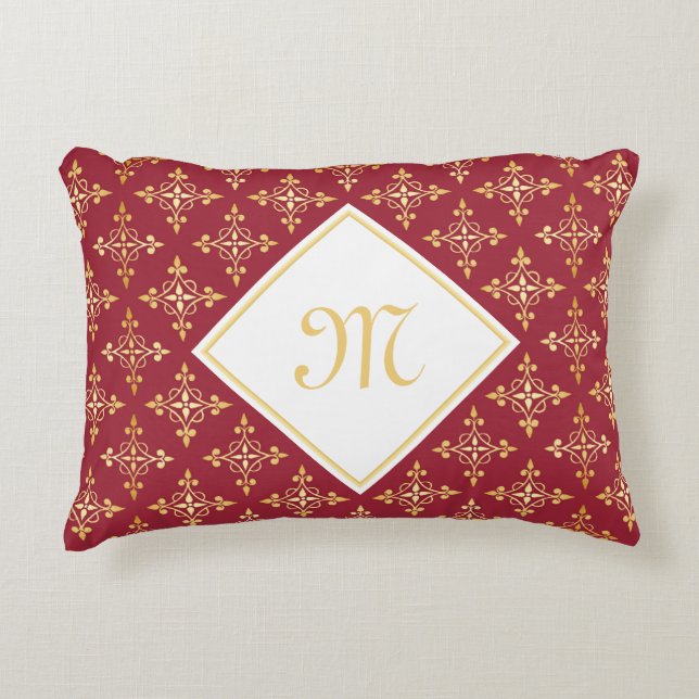 Luxury Monogram Red and Gold Quatre Floral Accent Pillow (Front)