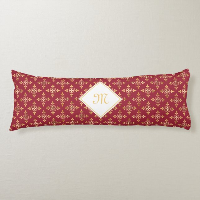 Luxury Monogram Red and Gold Quatre Floral Body Pillow (Front)
