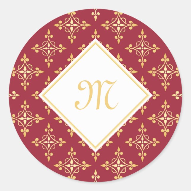 Luxury Monogram Red and Gold Quatre Floral Classic Round Sticker (Front)