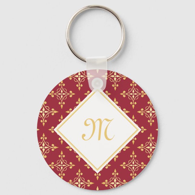 Luxury Monogram Red and Gold Quatre Floral Keychain (Front)