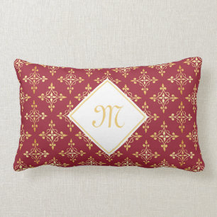 Luxury Monogram Red and Gold Quatre Floral Lumbar Pillow