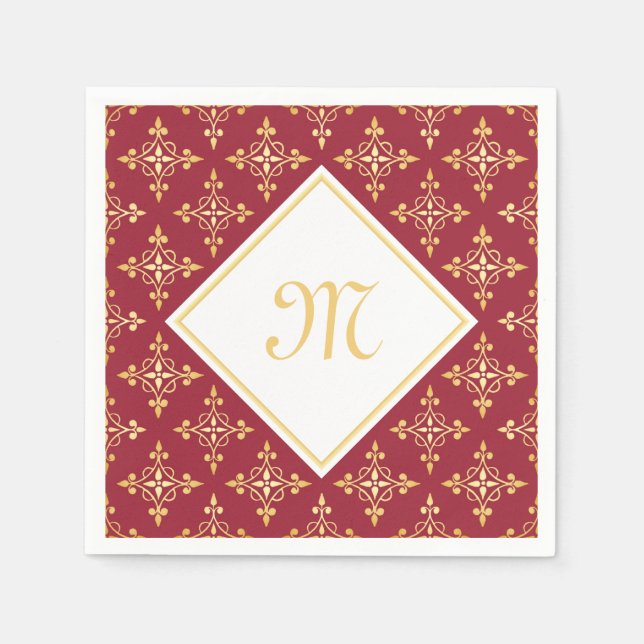 Luxury Monogram Red and Gold Quatre Floral Napkin (Front)