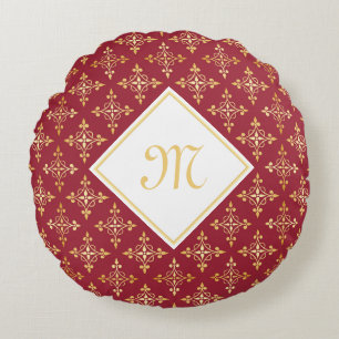 Luxury Monogram Red and Gold Quatre Floral Round Pillow