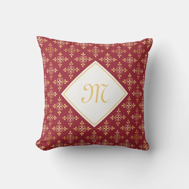 Luxury Monogram Red and Gold Quatre Floral Throw Pillow (Front)