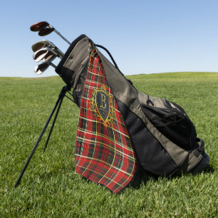 Luxury Monogram Red Gold Tartan  Golf Towel