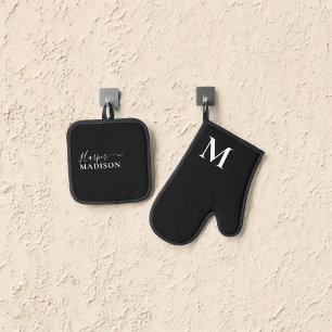 Luxury Monogram Script Black  Oven Mitt & Pot Holder Set