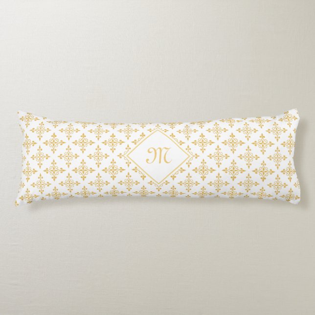 Luxury Monogram White and Gold Quatre Floral Body Pillow (Front)