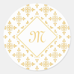 Luxury Monogram White and Gold Quatre Floral Classic Round Sticker