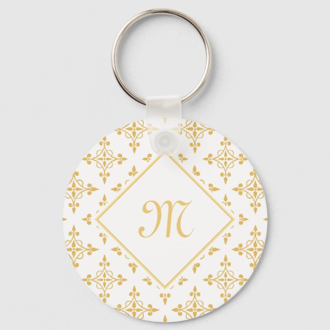 Luxury Monogram White and Gold Quatre Floral Keychain (Front)