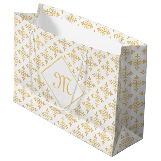 Luxury Monogram White and Gold Quatre Floral Large Gift Bag (Front Angled)