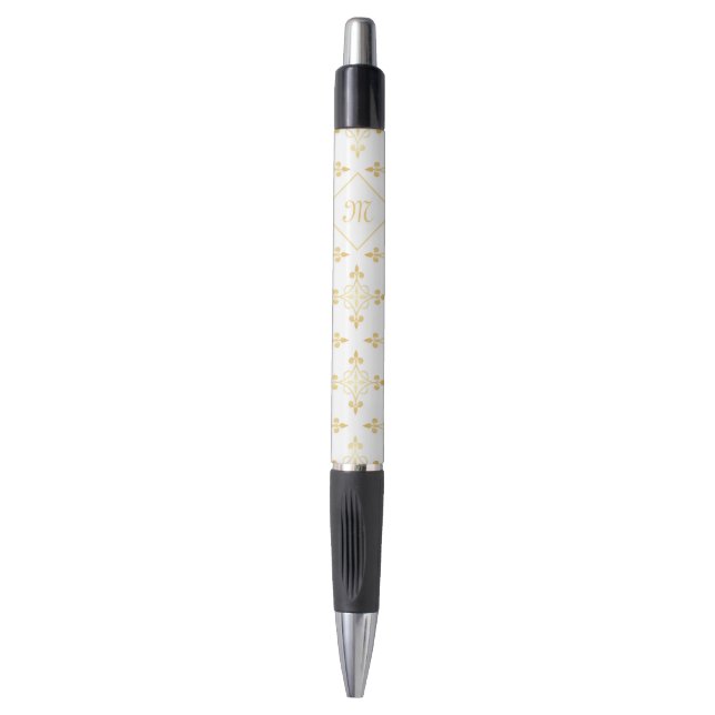 Luxury Monogram White and Gold Quatre Floral Pen (Front Vertical)