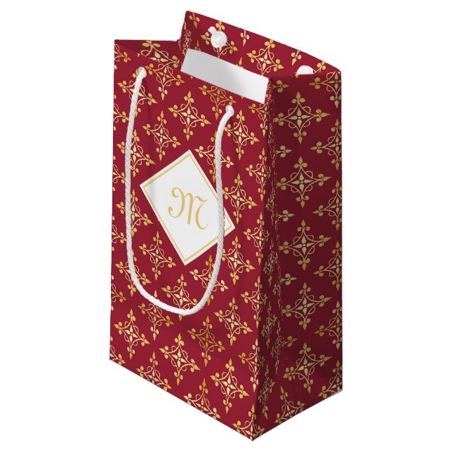 Luxury Monogram White and Gold Quatre Floral Small Gift Bag (Front Angled)
