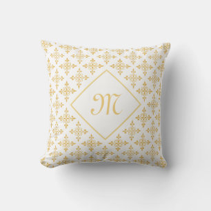 Luxury Monogram White and Gold Quatre Floral Throw Pillow