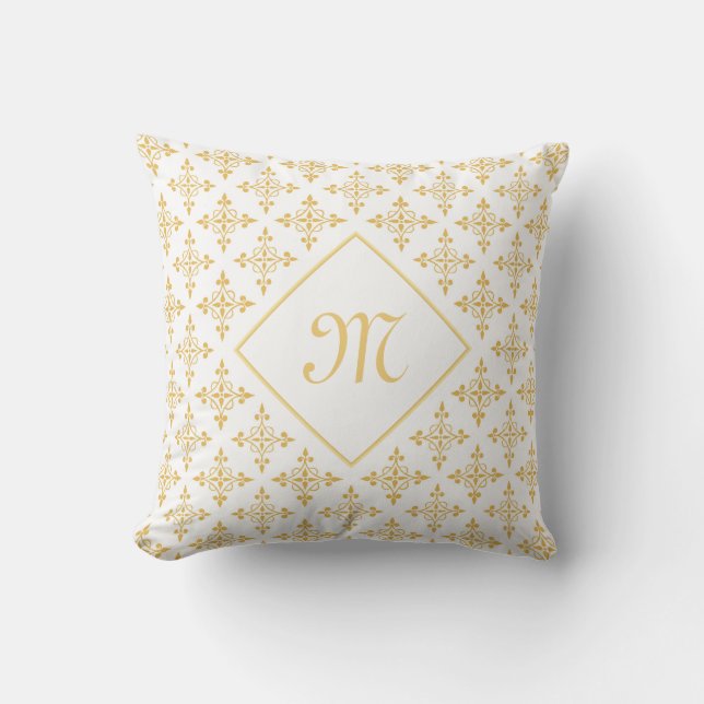 Luxury Monogram White and Gold Quatre Floral Throw Pillow (Front)